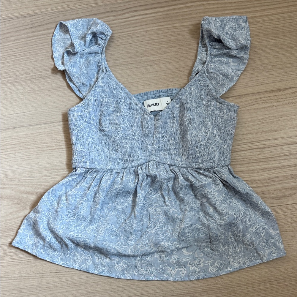 Hollister Light Blue Paisley Short Sleeve Peplum Top